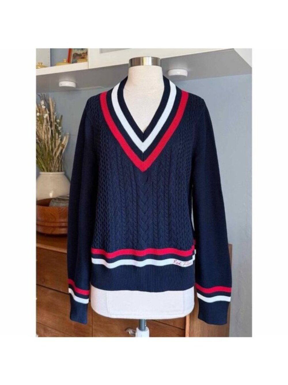 Brooks Brothers Red Fleece Preppy Cable Knit V-Neck Sweater Navy
